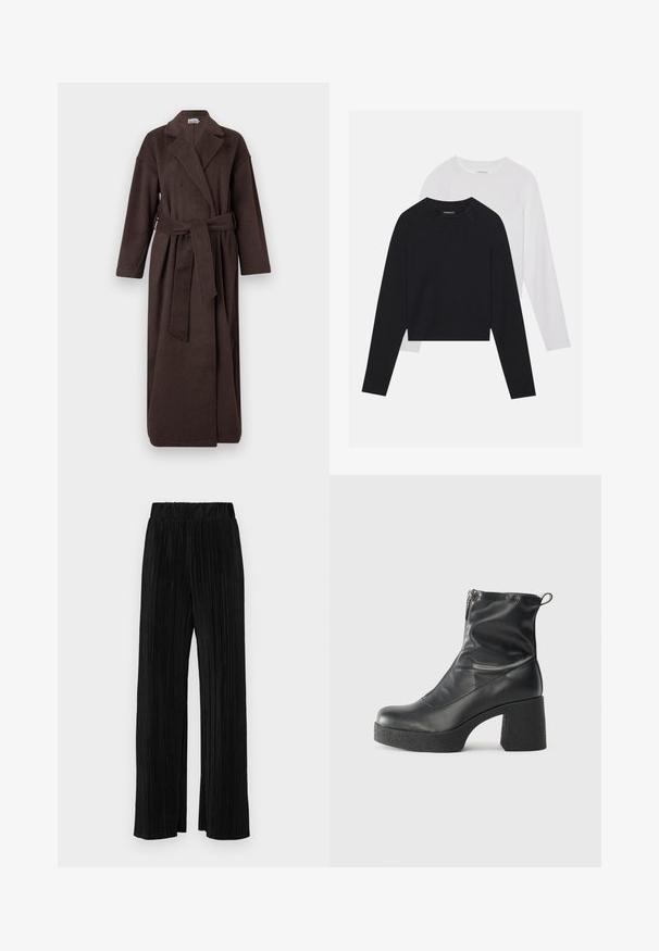 Rjav plašč iz teksturirane tkanine, ki ima zarezan ovratnik, dolge rokave in usklajen pas zavezano okoli pasu.; Dve dolge majice z dolgimi rokavi: ena črna in ena bela. Obe imata okroglo ovratnico, raglan rokave in mehko mešanico bombaža.; Črne plisirane hlače z elastičnim pasom. Imajo široke noge in gladko, teksturirano tkanino z navpičnimi črtami.; Črne gležnjarje iz gladke kože z božnim zadrgo, masivnim teksturiranim peto in zaobljeno obliko prstov.