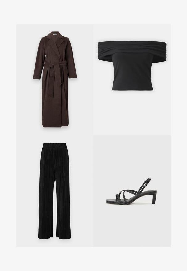 Ruskea viittatakki, joka on valmistettu teksturoidusta kankaasta ja jossa on leikkauskaulus, pitkät hihat ja vyötäröllä sidottu yhteensopiva vyö.; Musta olkaimeton toppi, jossa on rypistetty kangas kaula-aukossa, lyhyet hihat ja tiukka lyhyt malli. Valmistettu venyvästä materiaalista.; Mustat pleatatut housut, joissa on joustava vyötärö. Ominaisuuksiin kuuluvat leveät lahkeet ja sileä, teksturoitu kangas, jossa on pystysuoria raitoja.; Mustat hihnalligat, joissa on neliön muotoinen kärki ja matala lohkokorko. Ominaisuuksiin kuuluu useita ohuita hihnoja ja säädettävä nilkkahihna. Valmistettu sileästä nahasta.