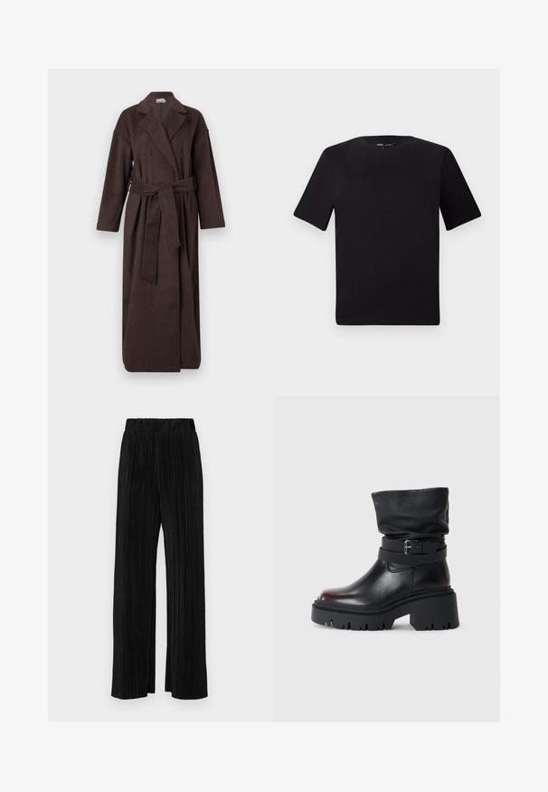 Manteau marron en tissu texturé, avec un col à revers, des manches longues et une ceinture assortie nouée à la taille.; T-shirt noir à manches courtes avec un col rond, fabriqué en coton doux. Design simple, sans logos ni motifs visibles.; Pantalons plissés noirs avec une taille élastique. Présente des jambes larges et un tissu lisse texturé avec des rayures verticales.; Bottine en cuir noir avec une tige décontractée, détail de boucle et semelle épaisse et robuste. Elle présente un bout rond et une texture lisse.