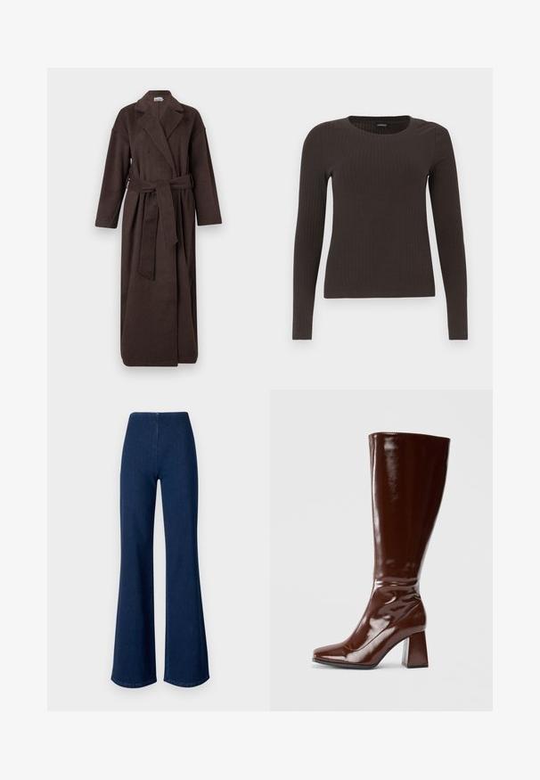 Manteau marron en tissu texturé, avec un col à revers, des manches longues et une ceinture assortie nouée à la taille.; Un haut marron à manches longues en rib avec un col rond. Fabriqué dans un matériau lisse et extensible, il présente une silhouette ajustée et un minimum de détails.; Jean évasé bleu foncé en denim avec une taille élastique. Présente une texture lisse et une coupe large qui s'étend jusqu'à l'ourlet.; Bottes en cuir verni marron jusqu'aux genoux avec un bout carré, finition brillante et un talon épais pour la stabilité. Design sans couture sans matériel visible.