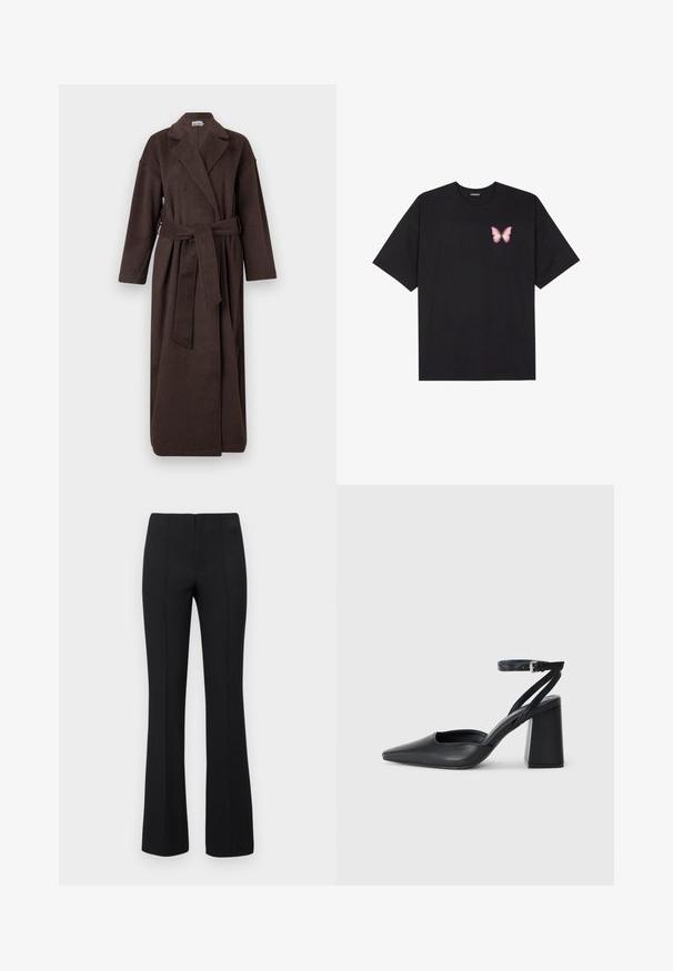Καφέ παλτό από υφασμάτινο ύφασμα με υφή, διαθέτει κολάρο με άνοιγμα, μακριά μανίκια και αντίστοιχο ζώνη στα μaisi.; Μαύρο βαμβακερό μπλουζάκι με κοντά μανίκια, διαθέτοντας ένα μικρό ροζ γραφικό πεταλούδας στο αριστερό στήθος. Σχέδιο με στρογγυλή λαιμόκοψη και άνετη εφαρμογή.; Μαύρο φαρδύ παντελόνι με ριγέ υφή και εφαρμοστό μέσο. Ο σχεδιασμός περιλαμβάνει κατακόρυφες ραφές για μια κομψή εμφάνιση. Χωρίς ορατά αξεσουάρ.; Μαύρο δερμάτινο ψηλοτάκουνο παπούτσι με οξύ μυτερό τόξο, λουράκι στον αστράγαλο και χοντρό τακούνι. Λείος υφασματισμός, κομψός σχεδιασμός και μινιμαλιστική αισθητική.