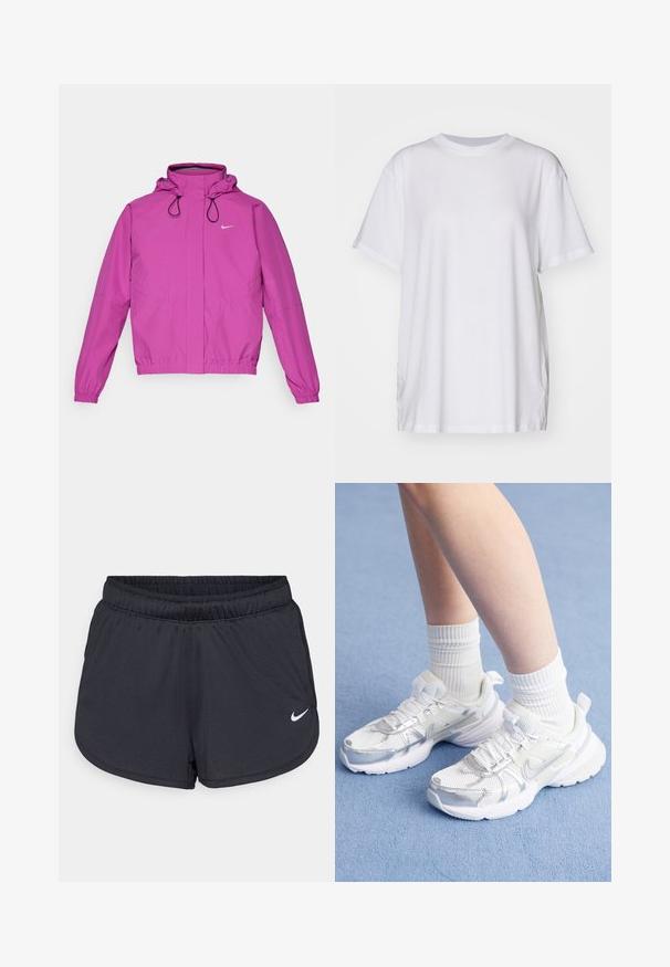 Nike Performance STORM-FIT SWIFT - Sportdzseki - hot fuchsia/black/reflective silver; Fehér, nagyméretű pamut póló, kerek nyakkivágással, rövid ujjakkal és oldalsó hasítékokkal a laza illeszkedés érdekében. Simma textúra.; Fekete sportos rövidnadrág, könnyű, légáteresztő anyagból készült. Rugalmas derékpánttal rendelkezik, és a jobb alsó oldalon fehér Nike logó található.; Fehér sportcipők, hálós és szintetikus borítással, ezüst Nike logóval, fehér bordás zoknikkal párosítva, egy kék felületen.
