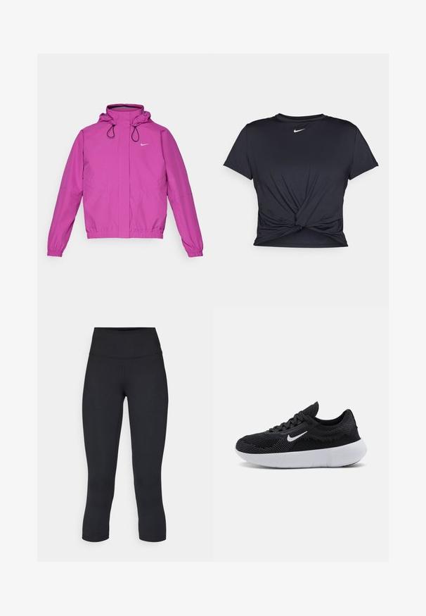 Nike Performance STORM-FIT SWIFT - Veste de running - hot fuchsia/black/reflective silver; T-shirt de sport noir en tissu lisse, avec un design avant noué et un petit logo Nike blanc sur la poitrine.; Leggings noirs coupés en tissu extensible, avec une taille haute et une texture lisse, sans motifs ni éléments visibles.; Chaussure de sport noire avec une tige en mesh, un design texturé, un bout rond, une semelle en caoutchouc blanche et un logo Nike sur le côté.