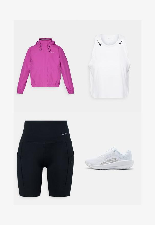 Nike Performance STORM-FIT SWIFT - Laufjacke - hot fuchsia/black/reflective silver; Weißes ärmelloses Tanktop aus leichtem Stoff, mit schwarzen Nike-Logo-Akzenten an den Schultern, rundem Ausschnitt und lässigem Schnitt.; Schwarze hochtaillierte Sportshorts aus dehnbarem Material; verfügt über Seitentaschen und ein kleines Nike-Logo am Bund.; Weißer Sport Schuh mit Mesh-Obermaterial, abgerundeter Zehenpartie und strukturiertem Sohlenprofil. Mit einem silbernen Nike Swoosh und minimalistischem Design.