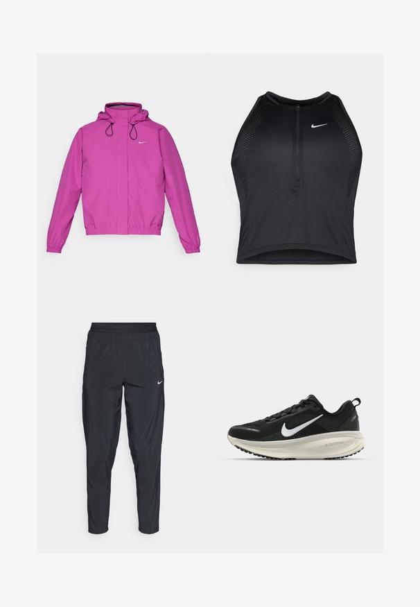 Nike Performance SWIFT - Tuulejope - hot fuchsia/black/reflective silver; Must negra spordiline crop top, millel on lukk ees, võrgukangast detailid ja vormiv disain. Valmistatud venivast ja hingavast kangast. Nike logo ees.; Mustad mustrenid spordipüksid elastse vööga, kitsendatud säärtega ja väikese valge logoga vasakul reitel. Kerge ja sile kangas.; Musthave mustus Nike jooksujalats, millel on hingav võrgust ülemine osa, valge swoosh logo, tekstuuriga detailid ja kreemja värvusega ZoomX vahevöö.