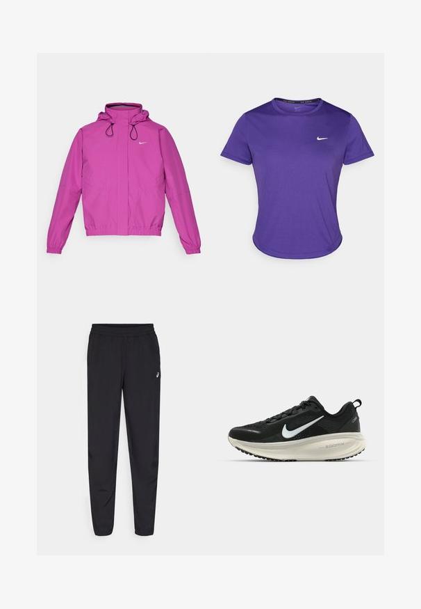 Nike Performance STORM-FIT SWIFT - Running jacket - hot fuchsia/black/reflective silver; Purple athletic t-shirt made from moisture-wicking fabric, featuring short sleeves and a crew neck. Small white logo on the chest.; Black sports pants featuring an elastic waistband, tapered legs with cuffs, made of a lightweight, smooth material, and a small logo on the thigh.; Black Nike running shoe with breathable mesh upper, white swoosh logo, textured detailing, and a cream-colored ZoomX midsole.