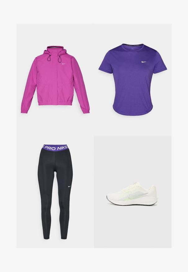 Nike Performance STORM-FIT SWIFT - Veste de running - hot fuchsia/black/reflective silver; T-shirt de sport violet en tissu évacuant l'humidité, avec des manches courtes et un col rond. Petit logo blanc sur la poitrine.; Leggings de sport noirs avec une texture lisse, dotés d'une taille violette portant l'inscription "NIKE PRO" et d'un petit logo Nike blanc sur un côté.; Nike Performance DOWNSHIFTER 13 - Chaussures de running sur route - sail/silver-coloured photon dust/summit white/barely volt/black