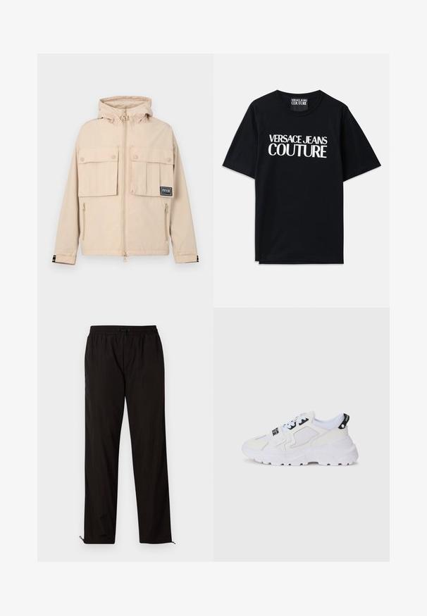 Bežna jakna s kapuco, ki ima dva sprednja žepa z poklopcem in stranski žep z zadrgo, z črnim logotipom in gladkim, vodoodpornim materialom.; Črna bombažna majica s kratkimi rokavi, ki na sprednji strani prikazuje veliko belo besedilo "VERSACE JEANS COUTURE". Klasična zasnova s krožnim ovratnikom.; Črne lahke hlače z elastičnim pasom, zapiranjem na vrvico in zadrgo na robovih za prilagodljivost. Gladka, sijoča tekstura.; Beli atletski supergi z mrežasto zgornjico, debelim podplatom in črnimi poudarki z natisnjenim logotipom. Teksturiran in strukturiran dizajn.