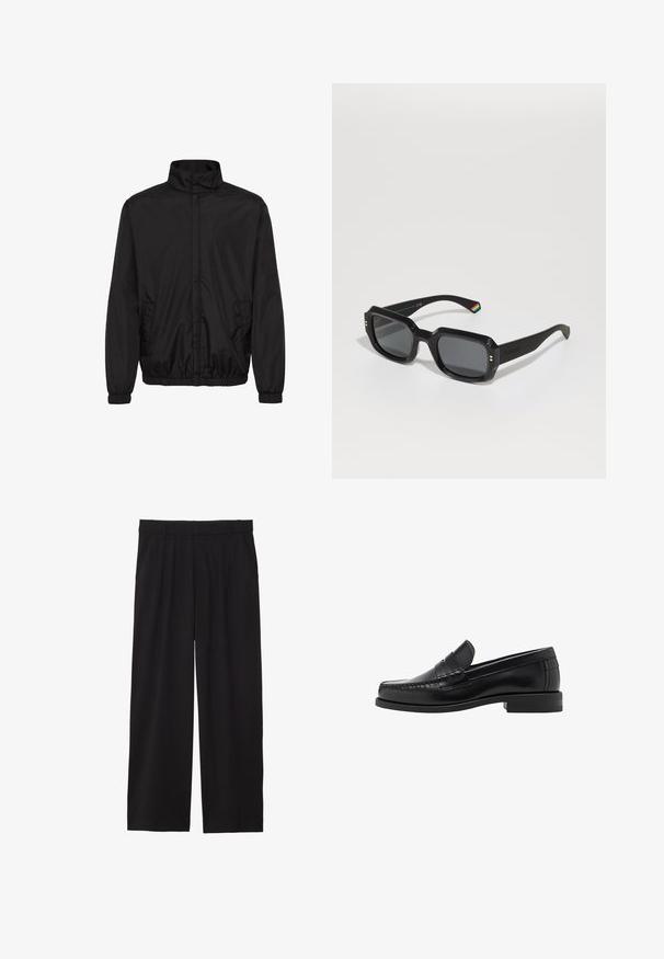 Black lightweight jacket with a high collar, elastic cuffs, and side pockets. Smooth fabric and a minimalist design with a relaxed fit.; Black sweater, round neckline, long sleeves, ribbed cuffs and hem, soft texture, solid color, minimalistic design.; Black wide-leg trousers with a pleated front, side pockets, and a smooth fabric texture. Designed for a relaxed fit.; Black leather loafers with a smooth finish, stitched detailing on the toe, and a low heel design for comfort and style.; Black rectangular sunglasses with dark lenses, thick frames, gold accents, and a rainbow-striped detail on the arm.
