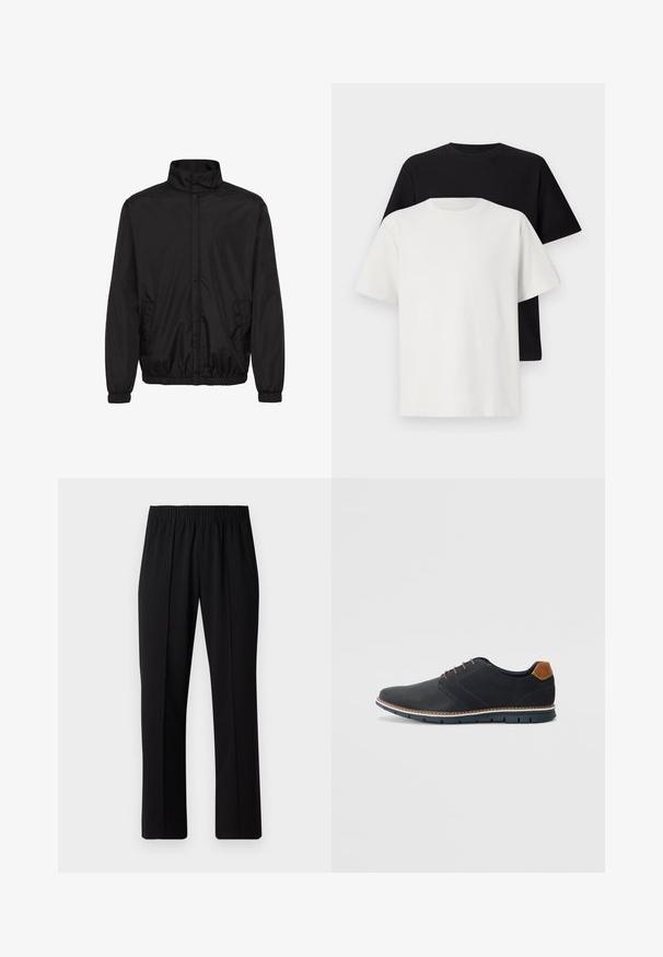 Black lightweight jacket with a high collar, elastic cuffs, and side pockets. Smooth fabric and a minimalist design with a relaxed fit.; Cotton t-shirt set featuring a black top and a white top, both with short sleeves, round neckline, and standard fit. Textured fabric.; Black, elastic-waist trousers with a straight-leg design, featuring a smooth texture and no visible patterns or hardware.; Black synthetic shoes with a textured upper, smooth accents, brown heel, and a contrasting sole. Features minimal lacing and stitch details.