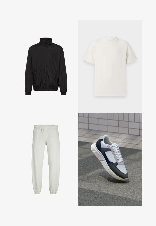 Fekete, könnyű dzseki magas gallérral, rugalmas mandzsettákkal és oldalsó zsebekkel. Simább anyag és minimalista dizájn, laza szabással.; Fehér, rövid ujjú póló bordázott textúrával. Kerek nyakkivágás, laza szabás, nincs látható minta vagy díszítés. Egyszerű és sokoldalú dizájn.; Fehér melegítőnadrág, puha anyagból készült, rugalmas derékrésszel és mandzsettával, sima tapintású és laza szabású.; Fehér, tengerészkék és szürke sneaker vegyes anyagokból készült dizájnnal, amely textúrázott felsőrésszel, lapos fűzőkkel és párnázott talppal rendelkezik.