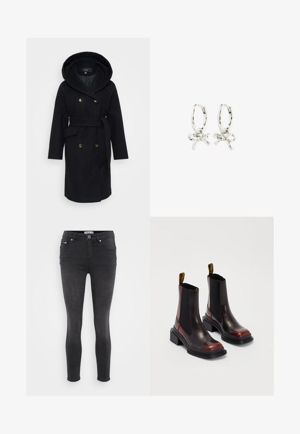 Zwarte wol coat met een grote capuchon, dubbelzijdige voorkant, gouden knopen en een zelfbindende riem. Heeft zijzakken en een klassieke snit.; Even&Odd Petite 2 PACK - Top - light grey/black; Zwarte skinny jeans van denim. Voorzien van een knoopsluiting aan de voorkant en een ritszak op de taille. Soepele textuur met minimale vervaging.; Dr. Martens MAYBOLE CHELSEA - Enkellaarsjes met plateauzool - black/cherry red; Zilveren oorringen met een strikontwerp, afgewerkt met een gladde en gepolijste textuur. Compacte, minimalistische stijl die geschikt is voor verschillende gelegenheden.