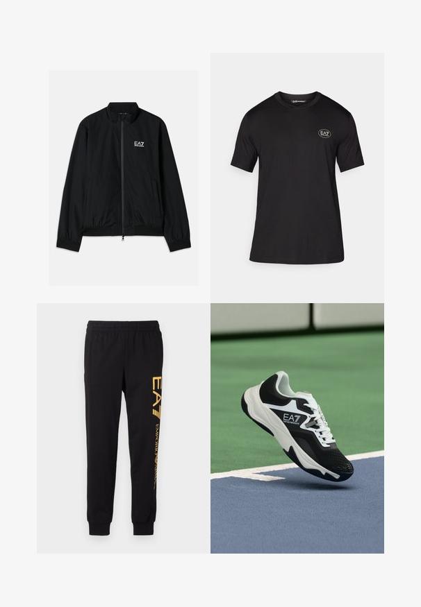 Jachetă bomber neagră cu un guler înalt, închidere cu fermoar în față, manșete elastice și tiv. Prezintă logo-ul alb EA7 pe pieptul stâng și două buzunare laterale.; Tricou scurt cu mânecă neagră, fabricat dintr-un material moale, având un guler rotund și un mic logo alb în partea stângă a pieptului.; Pantaloni de trening negri, confecționați dintr-un material moale, având un talie elastică și mansete la gleznă. Branding galben imprimat vertical pe piciorul stâng.; Pantof sport EA7 Emporio Armani alb-negru suspendat deasupra liniilor albastre și verzi ale unui teren de tenis.