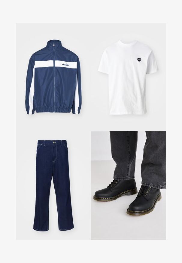 Marine vindjakke med en hvit bryststripe, høy krage, hel glidelås, elastiske mansjetter og kant. Har en brodert logo på brystet.; Hvit bomulls T-skjorte med korte ermer, med en liten svart hjerteformet logo på venstre brystområde. Klassisk rund hals-design.; Mørkeblå denimbukser med rett ben-design, med lyse sømdetaljer og frontlukking med knapp. Jevn tekstur.; Svart lær snørebukser med teksturfinish, tykk gummisåle, og gule sømdetaljer, parret med grå denimbukser.