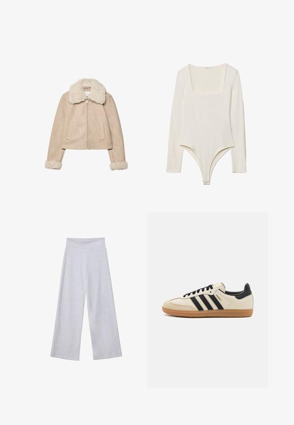 Bež kratki kaput od mekog materijala, s pahuljastim kremastim ovratnikom i manžetama, zatvaranjem na patentni zatvarač i dva prednja džepa.; Dug kot bodi dugih rukava u svijetlosmeđoj boji, s kvadratnim dekolteom, glatke teksture i kopčama na preponama za jednostavno oblačenje.; Svijetlosive hlače širokih nogavica s visokim pojasom. Izrađene od mekog materijala, s glatkom teksturom i slobodnim krojem za udobnost.; Bež sportski cipela s crnim prugama, gumeni potplat i crni dodaci. Ima glatku kožnu gornju stranu i dizajn s zaobljenim vrhom.