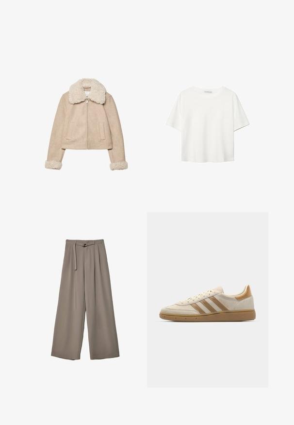 Beige cropped jakke lavet af blødt stof, med en fluffy cremefarvet krave og manchetter, lynlås lukning og to forlommer.; Hvid kortærmet t-shirt lavet af bomuld. Har en rund halsudskæring og en afslappet pasform. Glat tekstur uden synlige mønstre eller detaljer.; Vide ben bukser i et blødt, afdæmpet grå stof, med en bælte i taljen og plisseringer for ekstra designdetalje. Glat tekstur, ingen mønstre.; Beige ruskindsneaker med lysebrune detaljer. Har tre brune striber, struktureret gummisål og et rundt tå-design.