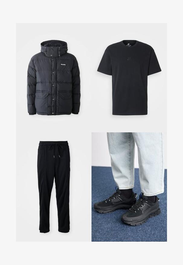 Jachetă puffer neagră cu glugă ajustabilă, închidere prin capse, două buzunare frontale și design capitonat. Fabricată din material rezistent la apă.; Tricou din bumbac negru Nike, cu guler rotund clasic, mâneci scurte și un logo subtil embosat pe piept. Textură netedă.; Pantaloni casual negri cu șnur la talie, cu buzunare laterale și croială dreaptă, pe un fundal simplu.; Pantofi sport negri, cu țesătură texturată și tălpi din cauciuc, având șireturi elastice și un accent albastru pe toc. Purtați cu pantaloni din denim deschis.