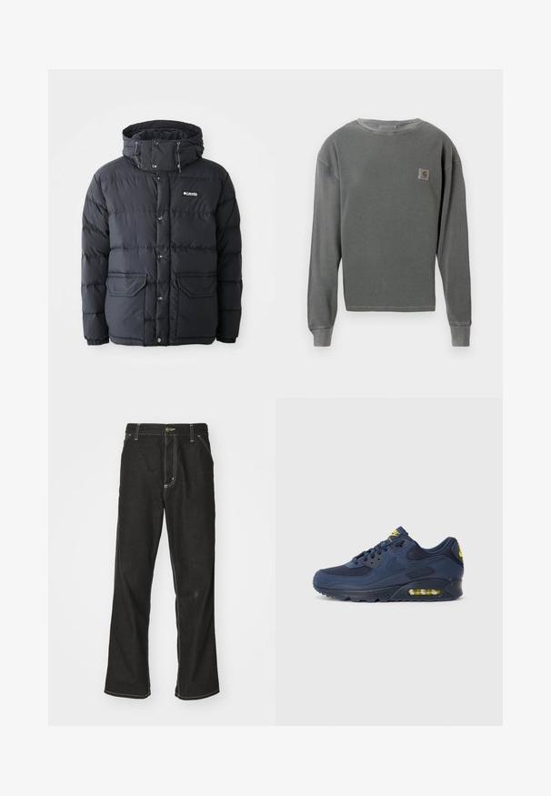 Czarna kurtka puchowa z kapturem na troczki, zapięciem na zatrzaski, dwoma przednimi kieszeniami i pikowanym wzorem. Wykonana z materiału wodoodpornego.; Szary longsleeve z okrągłym dekoltem, wykonany z materiału o prążkowanej teksturze, z małą kwadratową naszywką z logo na lewej piersi oraz prążkowanymi mankietami.; Czarne dżinsy o luźnym kroju, z kontrastującymi białymi szwami, z zapięciem na guzik i prostą nogawką.; Granatowe sneakersy Nike Air Max z cholewką z zamszu i siateczki, z żółtymi akcentami, sznurowanym przodem oraz widoczną poduszką powietrzną w podeszwie.
