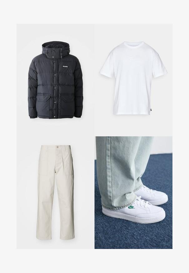 Casaco puffer preto com capuz ajustável, fecho de pressionar, dois bolsos frontais e design acolchoado. Feito de material resistente à água.; T-shirt de algodão branco com mangas curtas e decote redondo. Apresenta um pequeno e discreto logótipo da Nike no peito e uma etiqueta lateral.; Calças largas em bege claro, feitas de algodão. Apresentam bolsos frontais e fecho com botão. Textura suave com linhas verticais subtis.; Tênis de couro brancos com logo verde da Nike, bico redondo, sola plana, combinados com calças de denim azul claro, exibidos sobre um tapete azul.