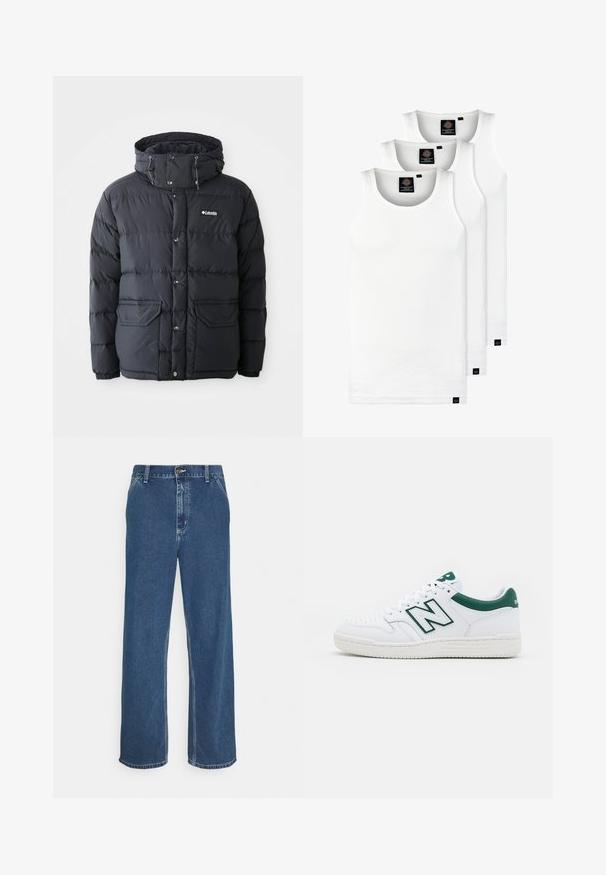 Casaco puffer preto com capuz ajustável, fecho de pressionar, dois bolsos frontais e design acolchoado. Feito de material resistente à água.; Três tops em algodão de alças brancas com nervuras. Apresentam um decote redondo e pequenas etiquetas pretas perto da bainha. Disponíveis em vários tamanhos.; Jenas de ganga azuis com corte reto, design de cinco bolsos, fecho com botão metálico e costura visível ao longo das costuras e da bainha.; Sapatilha branca com detalhes em verde, parte superior de couro, ponta perfurada, fecho de atacadores e sola de borracha texturizada. Apresenta um destacado logótipo "N".