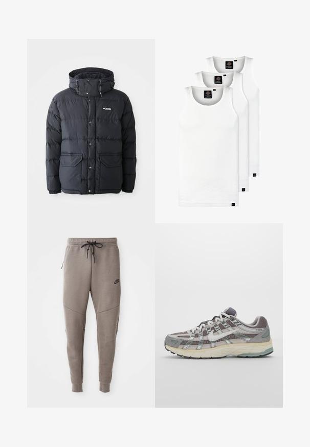 Musta puffatakki, jossa on nyörihuppu, napillinen sulku, kaksi etutaskua ja tilkkusaumakuosi. Valmistettu vedenkestävästä materiaalista.; Kolme valkoista ribbitekstiilistä toppia, jotka on valmistettu puuvillasta. Ominaisuuksiin kuuluu pyöreä pääntie ja pieni musta etiketti helman lähellä. Saatavilla useissa kooissa.; Harmaat Nike-juoksuhousut, joissa on kiristysnyöri vyötäröllä, kapeat lahkeet, sivutaskut ja erottuva sauman yksityiskohtaisuus. Pehmeä, tekstuuri kangas.; Harmaa urheilukenkä, jossa on verkko- ja mokkanahkainen yläosa, valkoiset yksityiskohdat, pehmustettu pohja ja erottuva muotoilu heijastavilla elementeillä.