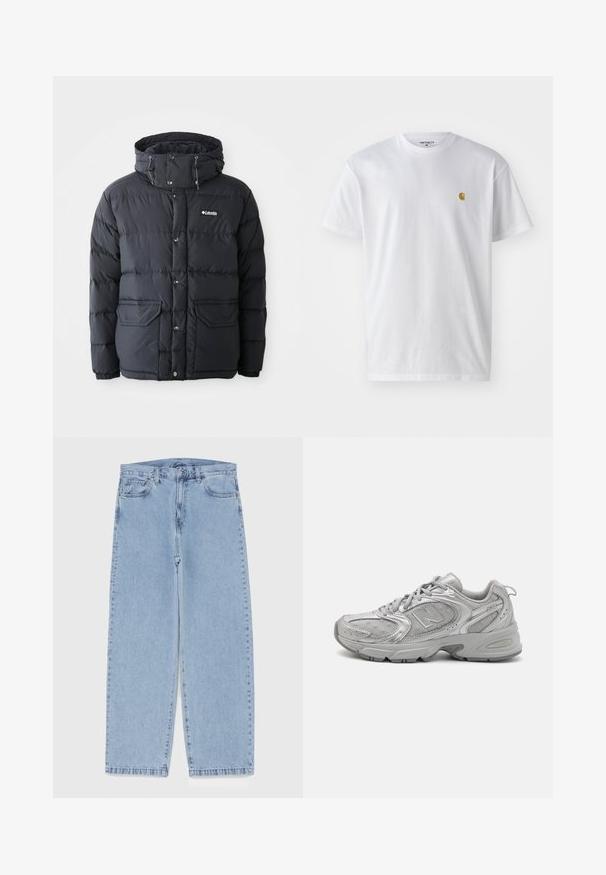 Crna pufa jakna s kapuljačom na vezanje, zakopčavanjem na dugmadi, dva prednja džepa i deriranim dizajnom. Napravljena od vodootpornog materijala.; Bijela pamučna majica kratkih rukava s okruglim izrezom, sa malim zlatnim logotipom na lijevoj strani prsnog koša. Mekana tekstura i standardni kroj.; Svijetloplave traperice s ravnim nogavicama, sa srednjim strukom, pet džepova i zatvaranjem na dugme i patentni zatvarač.; Srebrna atletska cipela s elegantnim dizajnom, mrežastim panelima, podstavljenim jezikom, teksturiranom sintetičkom gornjom stranom i gumenim potplatom za prianjanje.