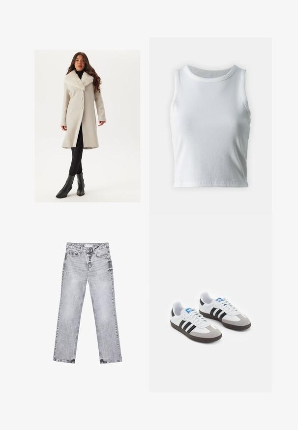 Světle šedý kabát s bílým kožešinovým límcem, jednopřídavkový design a velké knoflíky. Nosený přes černé legíny a kotníkové boty.; Bílý žebrovaný tílko s kulatým výstřihem a bezramínkovým designem, s rovnými lemy a hladkou, elastickou strukturou.; Šedé džíny z denimu se střihy rovnými nohavicemi, s poškozenou úpravou, pěti kapsami a měděnými nýtky. Pasová část obsahuje logo štítek.; Sportovní boty s bílým koženým svrškem, šedou semišovou špičkou a třemi černými pruhy. Obsahují modré logo na jazyku a texturovanou gumovou podrážku.