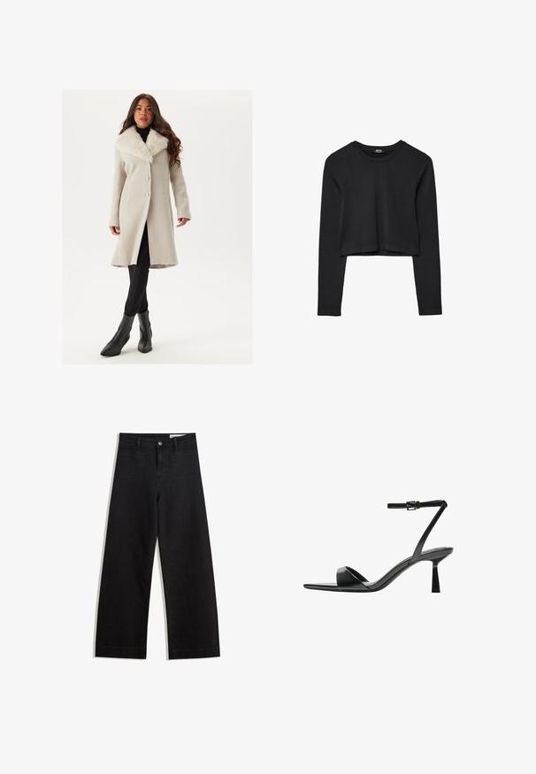 Světle šedý kabát s bílým kožešinovým límcem, jednopřídavkový design a velké knoflíky. Nosený přes černé legíny a kotníkové boty.; Černý dlouhý rukáv cropped top s kulatým výstřihem, jednoduchý design a mírně zaoblený lem.; Černé denimové kalhoty s volným střihem a vysokým pasem, vybavené předními a zadními kapsami, prošívanými švy a knoflíkovým zapínáním. Hladká textura.; Bershka Sandály na vysokém podpatku - black