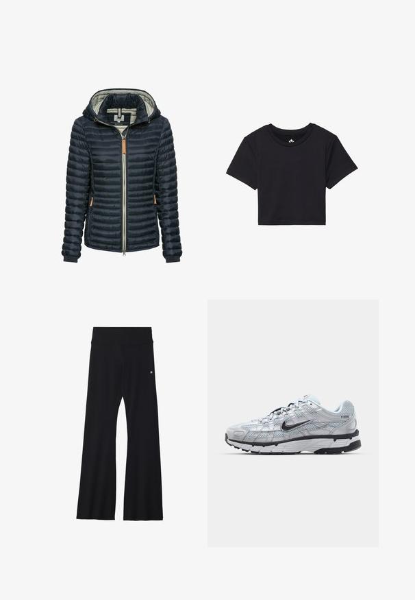 Marineblå polstret jakke med hætte, lynlåslukning, indvendig foring i lys grå, samt tan læderdetaljer på lynlåsen og ærmet.; Sort cropped t-shirt med korte ærmer, rund halsudskæring, lavet af glat stof. Minimalistisk design uden synlige mønstre eller accenter.; Sorte flared yoga bukser i strækbart stof, med en bred talje og et lille logo nær hoften. Glat tekstur, uden mønstre.; Nike P-6000 sneakers med en lys grå mesh overdel, sorte accenter og en holdbar sort gummisål. Har et detaljeret design og snøresystem.