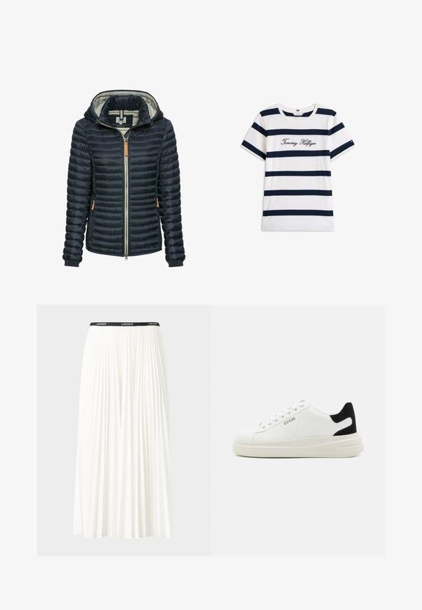Navy padded jacket with a hood, zip closure, interior lining in light gray, and tan leather accents on the zipper and sleeve.; Cotton T-shirt with horizontal navy stripes on a white background. "Tommy Hilfiger" embroidered in cursive on the chest. Crew neckline.; Pleated white skirt with a black elastic waistband featuring the "LACOSTE" logo. Mid-length design with soft texture.; White leather sneakers with a thick white sole, black suede heel accent, and embossed logo on the side. Laced design with six eyelets.