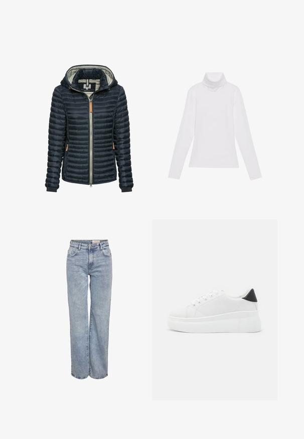 Marineblauwe gewatteerde jas met capuchon, ritssluiting, binnenvoering in lichtgrijs en tan leren accenten op de rits en mouwen.; Witte lange mouw turtleneck top gemaakt van glad, elastisch materiaal. Voorzien van een hoge kraag en een getailleerd ontwerp, zonder zichtbare patronen of versieringen.; Lichtblauwe wijde jeans gemaakt van denim, met een hoge taille, vijf zakken en subtiele vervaging voor een versleten uitstraling.; Witte platform sneakers van glad synthetisch materiaal, met een afgeronde neus, vetersluiting en een gestructureerde rubberen zool. Zwarte hielaccent.