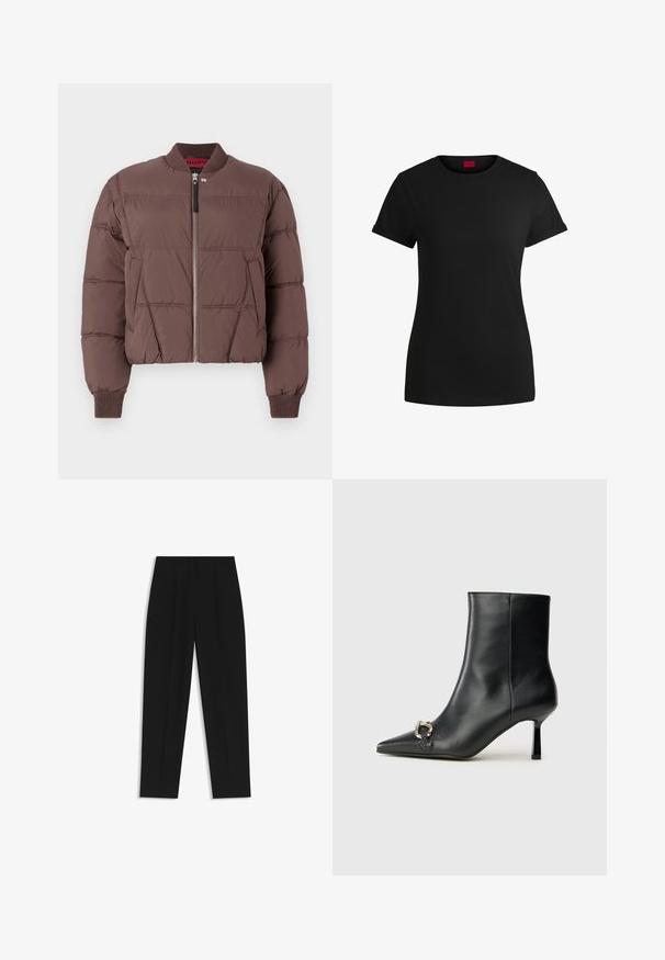 Bruine cropped pufferjack met een ritssluiting aan de voorkant, geribbelde kraag en textuurpanelen. Heeft elastische manchetten en zijzakken.; Zwart katoenen T-shirt met korte opgerolde mouwen, een ronde halslijn en een rood label. Glad textuur, aansluitende pasvorm met minimale details.; Zwarte broeken met een rechte pasvorm, voorzien van dubbele plooien, een zachte textuur en een klassiek taillebandontwerp. Geen zichtbare hardware of accenten.; Zwarte leren enkelboot met spitse neus, slanke middenhoge hak en zilveren gespdetail aan de zijkant op een effen achtergrond.