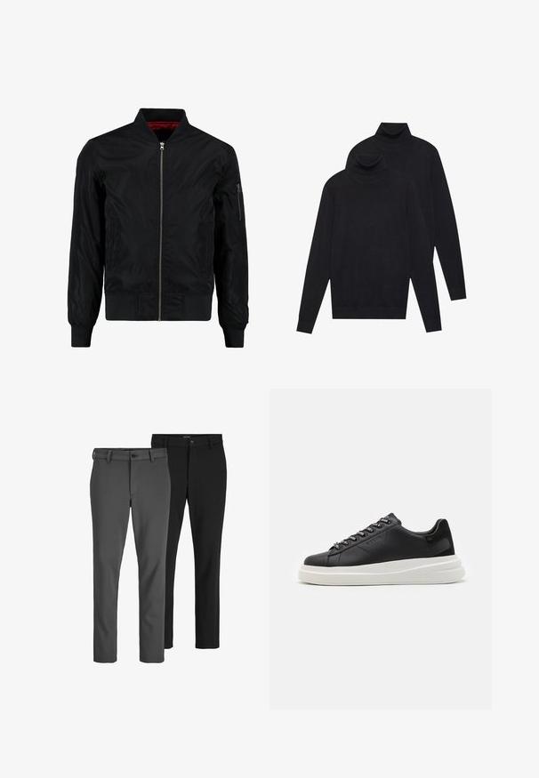 Melna bomber jaka ar rāvējslēdzēja priekšpusi, ribotām piedurknēm un apakšmalu, kā arī gludu virsmu. Iekšpusē ir sarkans oderējums un rāvējslēdzēja kabata uz piedurknes.; Divi melni garie piedurkņu kūtīši, parasta adījuma, sakrauti viens nedaudz aizmugurē otrais uz baltas fona.; Divas pielāgotu bikses divos pāros - pelēkas un melnas, izgatavotas no gludas auduma. Iespējas ietver pogu aizdari un taisna dizaina kājas.; Melnas ādas sporta kurpes ar baltu gumijas zoli, kurām ir plakanas saites un zīmola acs. Mīksta tekstūra ar kontrastējošu sānu akcentu.