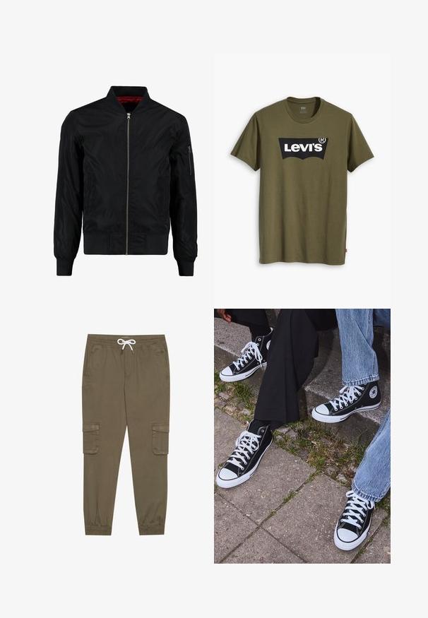 Svart bomberjacka med dragkedja fram, ribbade ärmslut och nederkant samt en slät yta. Har ett rött foder och en dragkedjeficka på ärmen.; Olivgrön bomullst-shirt med en stor svart Levi's-logotyp i en kontrasterande halvbåge över bröstet. Normal passform.; Khaki cargobyxor med elastisk midja och dragsko, som har sidofickor och avslutningar vid anklarna. Tillverkade av ett texturerat, lätt material.; Svarta högtopps kanvasskor med vita gummisulor och snören, med en cirkulär logotyp på sidan och kombinerade med jeans och svarta byxor.