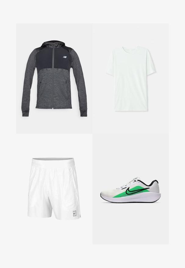 Must ja tumehall lukuga kapuutsiga pusa, millel on sile tekstuur, kapuuts, küljetaskud ja rinnal logo detail.; Heleheline mintroheline lühikeste varrukatega t-särk, mis on valmistatud pehmest kangast. Omab ümmargust kaelust ja lihtsat, sirget lõiget ilma kaunistusteta.; Valged spordilühikesed püksid, mis on valmistatud kergest kangast, elastse vöökoha ja kahe küljetaskuga. Hemmi peal on väike must logo.; Valge spordijalats, millel on roheline aktsent, must logo, võrkmaterjalist pealisosa, pehmendusega tallad ja ümar kannaosa. Omab paelu ja kontrastset detaili.