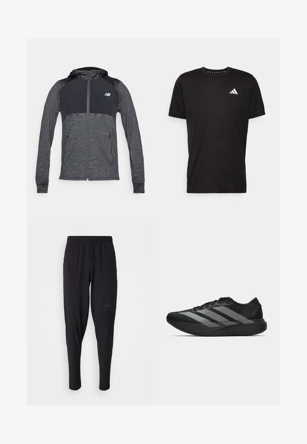 Gray athletic hoodie with a zip front, contrasting darker shoulders, two front pockets, and a small logo on the left chest.; Black cotton t-shirt with short sleeves, crew neckline, and a white logo on the left chest. Smooth texture and simple design.; Black athletic pants with an elastic waistband, tapered design, side pockets, and subtle logo detail. Made from flexible, breathable fabric.; Black athletic shoes with a lightweight design, featuring three prominent gray stripes, a smooth texture, and a contoured sole.