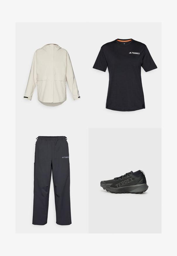 Svijetlosmeđa jakna s kapuljačom, dugim rukavima i prorezom na leđima. Sadrži bočne džepove i uvučen rub za prilagodljiv fit. Glatka tekstura tkanine.; Crna majica kratkih rukava s okruglim izrezom, koja ima suptilnu melirani teksturu i bijeli logo "TERREX" na gornjoj lijevoj strani.; Crne, lagane hlače za aktivnosti na otvorenom s elastičnom pasicom, bočnim džepovima i logotipom na gornjoj desnoj nozi. Glatka, vodootporna tkanina.; Crne Terrex trkačke cipele s teksturiranim gornjim dijelom, čvrstim potplatom i istaknutim brendiranjem. Imaju jastučen petni dio za podršku i prianjanje.