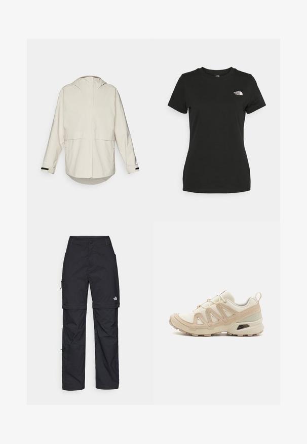 Šviesiai smėlinis švarkas su kapišonu, ilgomis rankovėmis ir užpakaliniu ventiliaciniu skyriumi. Yra šoninės kišenės ir susitraukiantis apatinis kraštas, leidžiantis reguliuoti dydį. Lygus audinio paviršius.; Juodas medvilninis marškinėliai su apvalia apykakle ir trumpomis rankovėmis. Išskirtinis baltas logotipas viršutinėje kairėje pusėje. Sklandus tekstūra, laisvas pritaikymas.; Juodos nailoninės krovinių kelnės su reguliuojamais rankovėmis, daugybe kišenių ir logo ant dešinės kojos. Lygi, lengva tekstūra.; Bežinės ir kreminės spalvos sportinės bateliai su tekstūruoto tinklelio viršutine dalimi, palaikančiomis detalėmis ir guminiais padais, turinčiais raštą, užtikrinantį sukibimą.