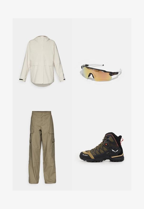 Veste beige clair avec capuche, manches longues et fente dans le dos. Comprend des poches latérales et un ourlet à cordon pour un ajustement réglable. Texture de tissu lisse.; T-shirt en coton noir avec un col rond et des manches courtes. Logo blanc notable sur le côté supérieur gauche. Texture lisse, coupe décontractée.; Pantalons cargo en tissu vert olive, avec une coupe ample, plusieurs poches latérales et une fermeture à bouton à la taille. Texture lisse.; Botte de randonnée mi-hauteur en noir et vert olive, dotée d'une tige en mesh, d'une semelle en caoutchouc et d'accents texturés avec une languette à l'arrière.; Lunettes de soleil avec une monture noir et blanc, de grandes lentilles réfléchissantes aux nuances dorées et roses, un design aérodynamique et un bord extérieur élargi.