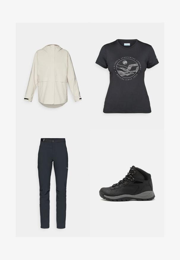 Gaiši bežs mētelis ar kapuci, garām piedurknēm un aizmugures ventilāciju. Iekļauj sānu kabatas un savelkamu apakšmalu pielāgojamai montāžai. Gluda auduma tekstūra.; Melnā Columbia T-kreklā ar baltu apļa kalnu un upes kontūru mākslu, kā arī tekstu "Columbia Sportswear Company Outside Since 1938."; Vīriešu āra bikses, tumši pelēkā krāsā, izgatavotas no elastīga materiāla, ar jostu, kabatām ar rāvējslēdzēju un pastiprinātām šuvēm.; Melni pārgājienu zābaki ar vidēju augstumu, ar teksturētu augšdaļu, pelēkiem akcentiem un izturīgu gumijas zoli ar saķeres izvirzījumiem.