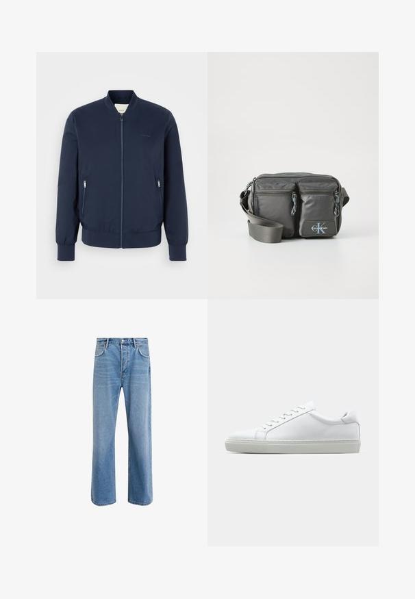 Giacca bomber navy realizzata in tessuto leggero, con cerniera frontale, due tasche laterali con cerniera e polsini e orlo a costine.; Maglietta a maniche lunghe con colletto alto in cotone color crema chiaro. Texture liscia, vestibilità comoda, design minimalista, senza motivi o dettagli visibili.; Jeans in denim blu chiaro con design a gamba dritta, cinque tasche, chiusura con bottone, leggero sbiadimento e dettagli di cucitura a contrasto.; Sneaker bianco con tomaia in pelle liscia e profilo basso. Presenta una punta arrotondata, sei occhielli e una suola in gomma testurizzata.; Borsa a tracolla in nylon grigio con due tasche frontali con zip, tracolla regolabile e accentuazione del logo. Texture liscia con un design moderno.
