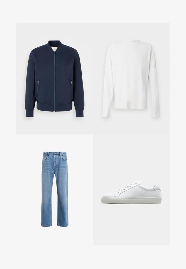 Jachetă bomber navy realizată dintr-un material ușor, dotată cu un fermoar frontal, două buzunare laterale cu fermoar și manșete și tiv din material elastic.; Cămașă albă din bumbac cu mâneci lungi, decolteu rotund, fante pe laterale la baza, cu o textură netedă, expusă din spate.; Jeans din denim bleu deschis cu un design drept, cinci buzunare, închidere cu buton, decolorare minimă și detalii de cusătură în contrast.; Adidași albi cu o suprafață din piele netedă și un profil jos. Au un vârf rotunjit, șase orificii pentru șireturi și o talpă din cauciuc texturată.