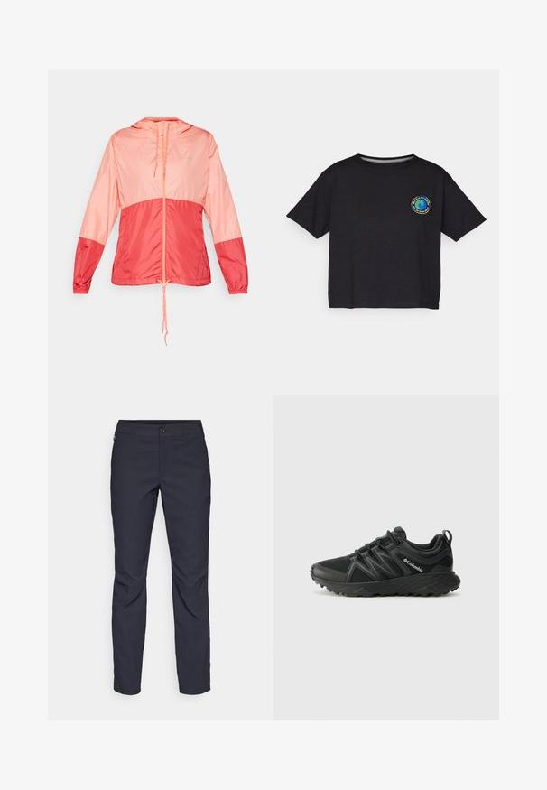 Lightweight hooded jacket in pink and coral, featuring a zip front, cinch cord at the hem, and elasticized cuffs for a snug fit.; Black cotton short-sleeve T-shirt featuring a circular multicolored logo on the chest. Straight hem and relaxed fit.; Navy blue pants made of smooth fabric, featuring a front button closure, slim-fit design, and creased detailing at the knees.; Columbia PEAKFREAK - Hiking shoes - black