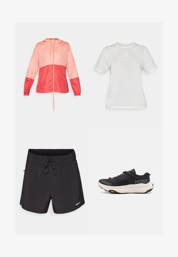Lahka jakna s kapuco v roza in koralni barvi, opremljena z zadrgo spredaj, vrvico za zategovanje na robu in elastičnimi manšetami za tesno prileganje.; Bela kratka majica iz mrežaste tkanine za šport z okroglim izrezom in majhnim logotipom "Salomon" centriranim na prsih.; Črne kopalne hlače iz lahkega materiala, z elastičnim pasom, vrvico in stranskimi žepi za funkcionalnost.; Črne športne copate z zračnim mrežastim zgornjim delom, gumijastim podplatom, belim blažilnim srednjim podplatom in odbojnimi vezalkami. Vibram logo na podplatu.