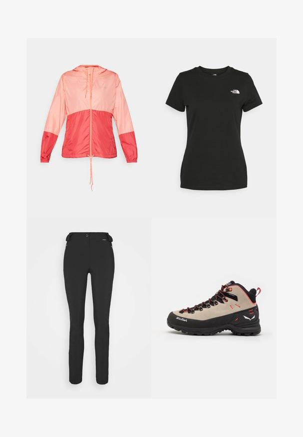 Kerge kapuutsiga jope roosa ja koralli värvuses, millel on tõmblukk, pael allservas ning elastsed varrukad, et tagada mugav sobivus.; Mustvalge puuvillane t-särk, millel on ümber kaeluse lõige ja lühikesed varrukad. Märkimisväärne valge logo vasakul ülal nurgas. Sile tekstuur, mugav lõige.; Mustad, hästi istuvad püksid, mis on valmistatud paindlikust materjalist. Omadusteks on lukuga küljetasku, artikeeritud põlved ja sile pind.; Meeste matkasaapad, millel on beež nubukülem, must kummi tall, punased detailid ja nööridega disain kindla istuvuse tagamiseks.