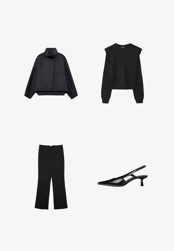 Tummanharmaa lyhyt takki, joka on valmistettu tekstuuritetusta kankaasta. Ominaisuuksiin kuuluu korkea kaulus, pitkät hihat ja kaksi etupussia, joissa on minimaalisen yksinkertaiset napit.; Mustat pitkätuuliseset neulepaidat, joissa on toppaukset harteilla sekä ribbaus hihansuissa ja helmassa, esitetty valkoista taustaa vasten.; Mustat housut suoralinjaisella leikkauksella, joissa on etutaskut ja sivurei'ät helman alla. Valmistettu pehmeästä ja sileästä kankaasta. Sopii eri tilaisuuksiin.; Mustat lakatut nahkakengät, joissa on viistopää, leikattu sivusuunnassa ja pieni neliökoroke. Sujuva pinta, jossa on minimaalinen koristelu.