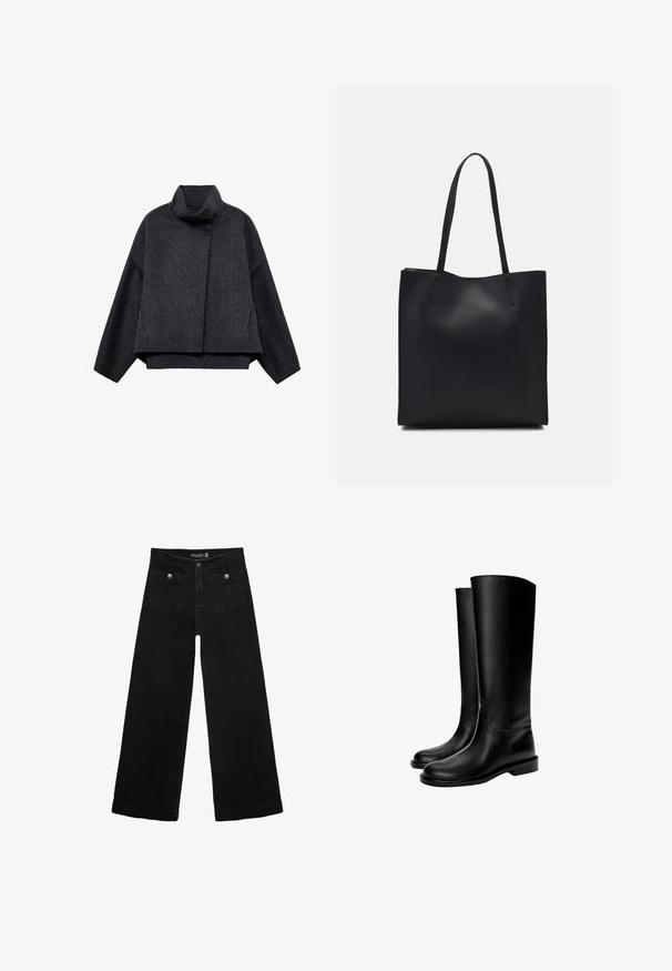 Tummanharmaa lyhyt takki, joka on valmistettu tekstuuritetusta kankaasta. Ominaisuuksiin kuuluu korkea kaulus, pitkät hihat ja kaksi etupussia, joissa on minimaalisen yksinkertaiset napit.; Mustat lyhyet neuleet, jossa on ribbireunat kauluksessa ja hihoissa. Pitkät hihat ja rento istuvuus.; Mustat leveälahkeiset farkut korkean vyötärön kanssa, joissa on kaksi etutaskua ja metalliset nappikoristeet. Kangas on sileä.; Mustat polven ylle ulottuvat nahkasaappaat, joiden pinta on sileä, pyöreä kärki, tasapohja ja minimalistisesta muotoilusta. Saappaissa on ommeltuja saumoja ja ei näkyvää metalliosaa.; Mustapahkainen kangaskassi, jossa on sileä pinta, suorakaiteen muotoinen ja kaksi pitkää kahvaa. Ei näkyvää metalliosaa tai koristeita.