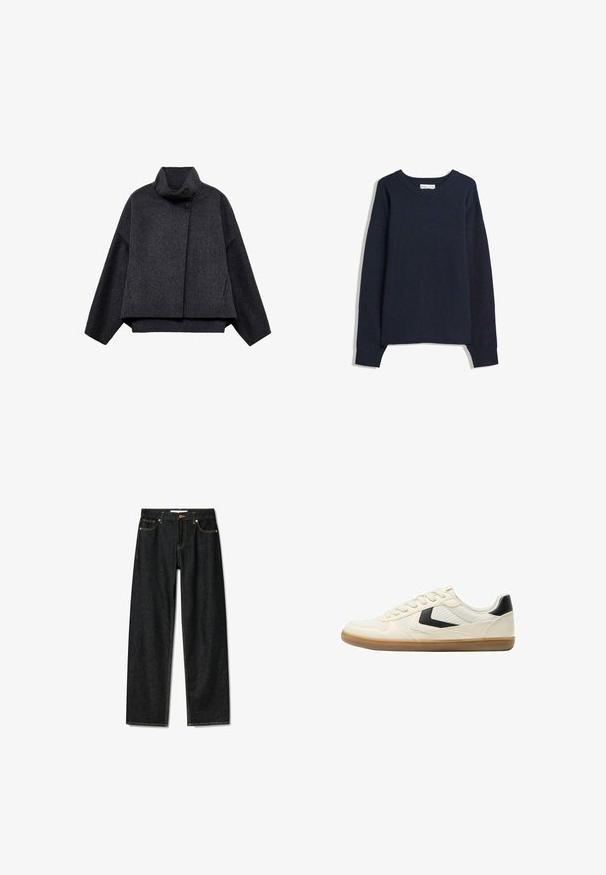 Donkergrijze cropped jas van textuurstof. Voorzien van een hoge kraag, lange mouwen en twee voorkwesten met minimale knoopdetails.; Marineblauwe trui met V-hals, lange mouwen, geribbelde boorden en zoom. Gemaakt van zacht breimateriaal, met een relaxte pasvorm en een minimalistisch ontwerp.; Donkerdenim jeans met een rechte snit, messing knoopsluiting en contrasterende gele stiksels. Beschikt over vijf zakken en een klassieke pasvorm.; Bershka Sneakers laag - white