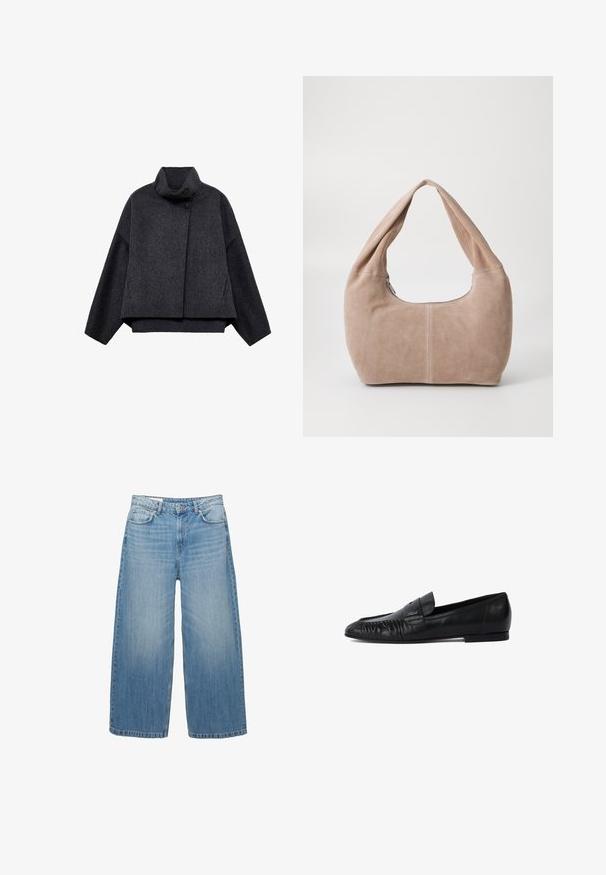 Mørkegrå cropped jakke lavet af tekstureret stof. Har en høj krave, lange ærmer og to forlommer med minimale knapdetaljer.; Sort strikket sweater med rund hals, lange ærmer og cropped design. Fremstillet af et blødt materiale med en glat tekstur.; Lys blå brede jeans lavet af denim, med et klassisk fem-lomme design og en knaplukning. Har en falmet struktur over det hele.; Sorte læder loafers med rund tå, syet detaljering på forsiden og flad sål. Minimalistisk design med en diskret logoaccent.; Hobo taske lavet af blødt, suede materiale i en lys beige farve. Har en rund form med en bred rem og lynlås lukning.