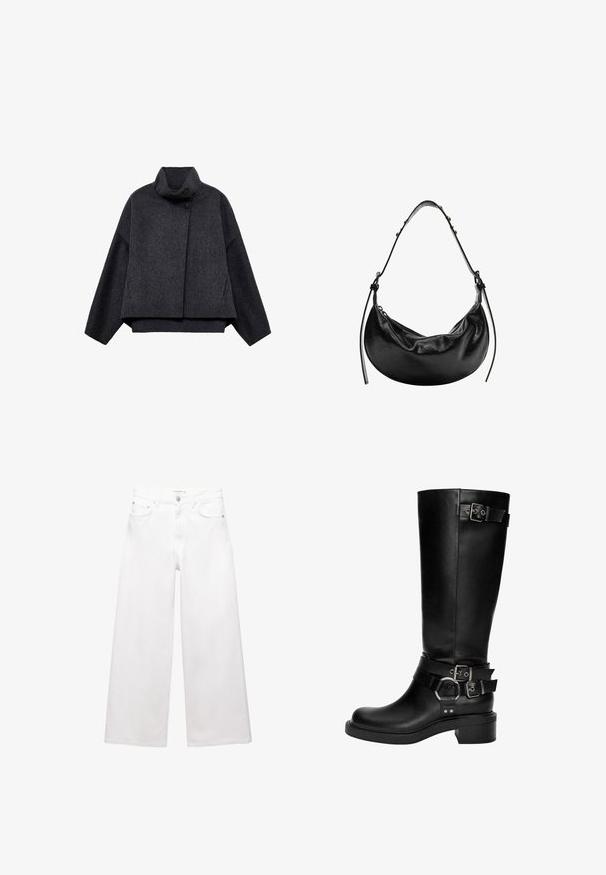 Dark gray cropped jacket made from textured fabric. Features a high collar, long sleeves, and two front pockets with minimal button details.; Long-sleeve top with horizontal stripes in gray, pink, and white. Soft fabric, round neckline, and relaxed fit.; White wide-leg jeans made of cotton, featuring a high waist, five-pocket design, and brass hardware accents. Smooth, non-distressed texture.; Black leather knee-high boots feature a rounded toe, stacked heel, and multiple decorative straps with silver buckles and accents.; Black leather handbag with a crescent shape, smooth texture, and adjustable strap, featuring subtle hardware accents. Zipper closure visible.